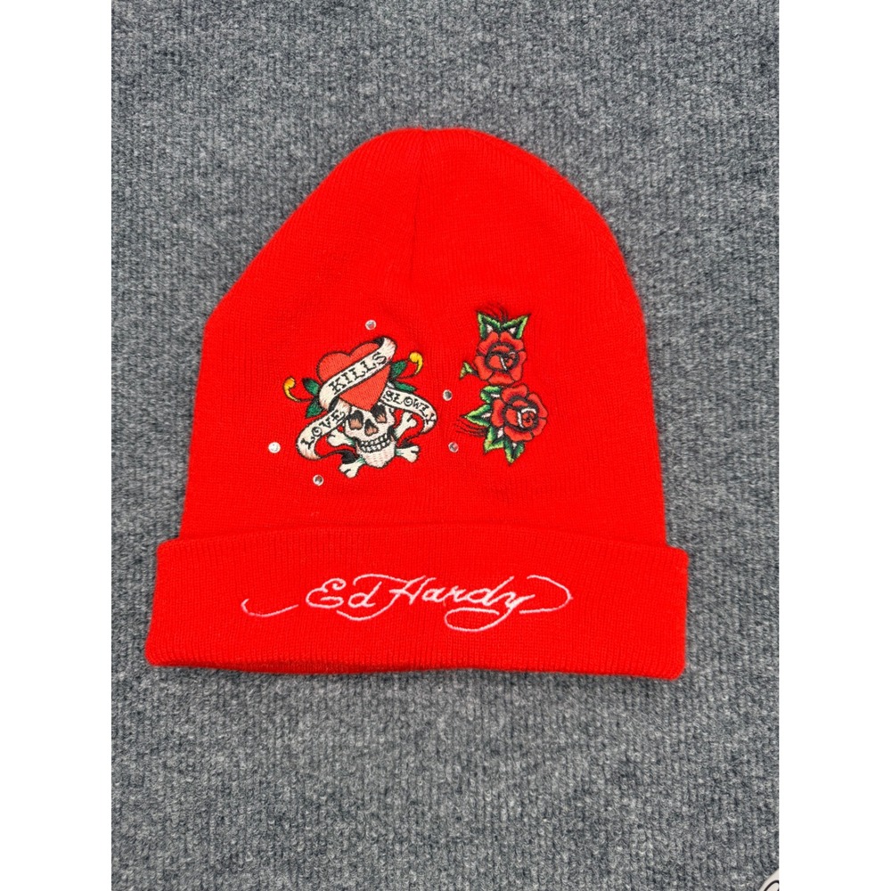 Ed Hardy "Love Kills Slowly" Red Beanie w/ Rhinestones/ Embroidered